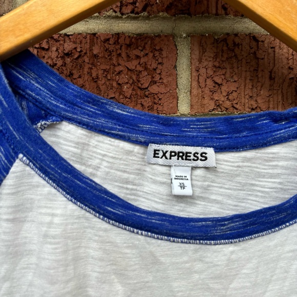 Express White and Blue Marled Baseball Tee Short Sleeve Ringer Tee Shirt - Picture 4 of 5